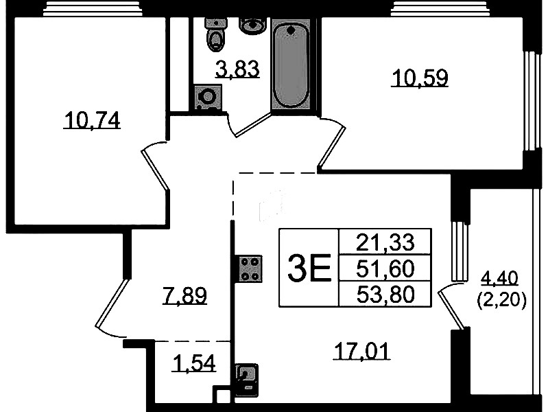 2-комнатная квартира 53.8 м², 14/15 эт., ЖК «GloraX Парголово»